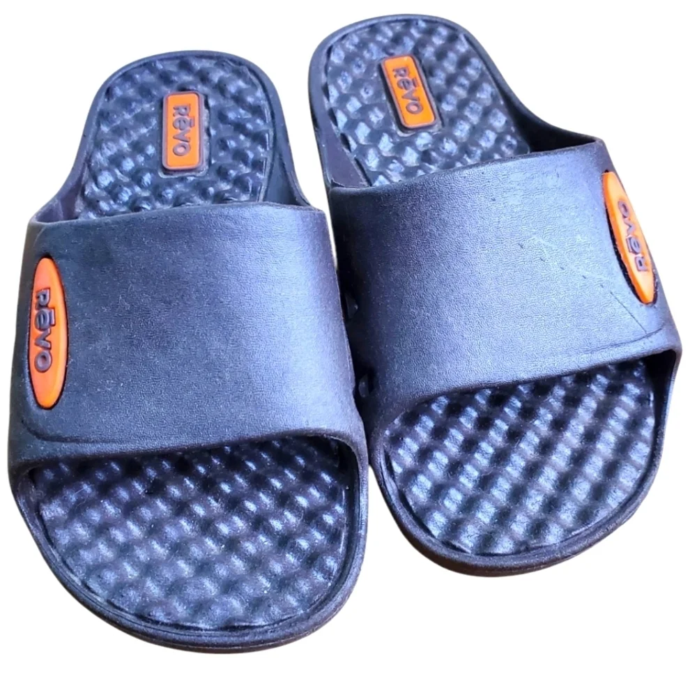Kids Revo Blue and Orange Slide Sandals. SMALL